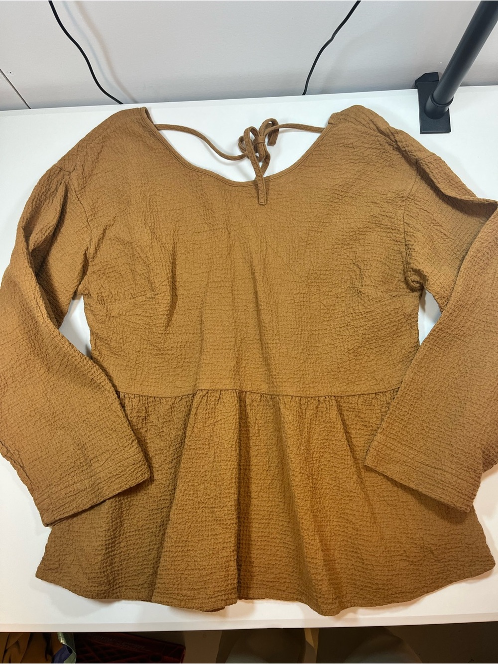 Madewell Textured Peplum Top Brown Long Sleeve Tie Back
